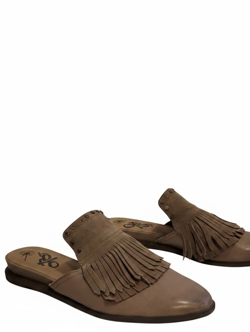 OTBT Gleam Leather Fringe Mules In Taupe Size 7.5M - Picture 2 of 11